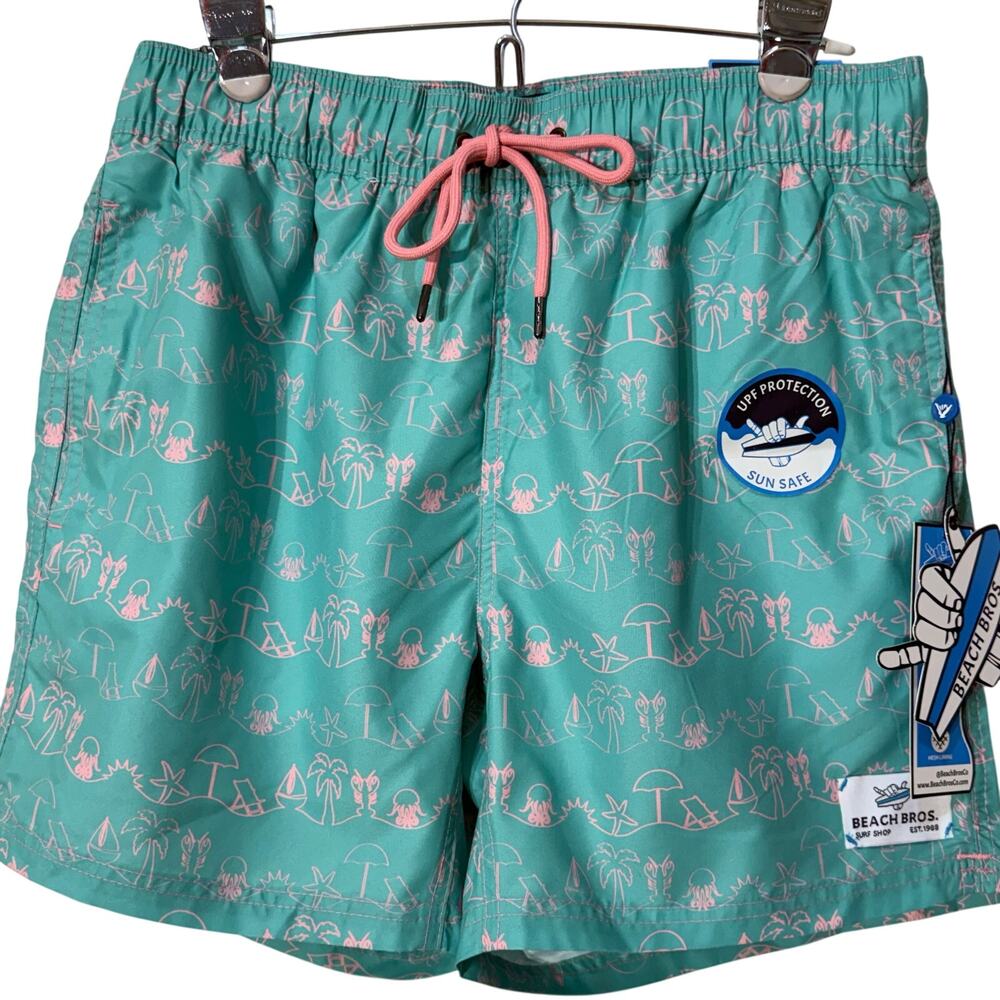 Beach Bros Swim Trunks / Shorts Teal Green with Pink Graphics, Men's Size M